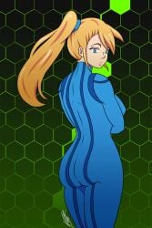 1girl alien ass ass_up back back_view blonde_hair blue_eyes bodysuit disguise fokk3rs gif large_ass looking_at_viewer looking_back metroid metroid_(creature) petting ponytail samus_aran shadow signature skinsuit undressing unzipped unzipped_bodysuit zero_suit zero_suit_samus zipper