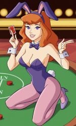 ai_generated ass bigmic145 breasts bunny_ears bunny_girl bunny_tail bunnysuit cartoon_network casino daphne_blake daphne_blake_(mystery_incorporated) pantyhose pink_pantyhose playboy_bunny red_hair scooby-doo scooby-doo!_mystery_incorporated shoes