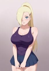 ai_generated arms_behind_back big_breasts blonde_hair blue_eyes civitai hair_over_one_eye ino_yamanaka large_breasts long_hair naruto naruto_(series) naruto_shippuden ponytail skirt tank_top tanktop