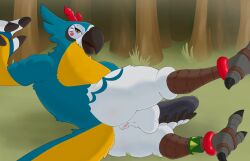 absurd_res anthro ass avian balls beak bird blue_body breath_of_the_wild digital_media_(artwork) drayyko erection feathers forest forest_background fur genitals hi_res holding_penis kass_(tloz) looking_at_viewer lying male nature nature_background nintendo on_side penis plant raised_leg rito smile solo tail the_legend_of_zelda tree