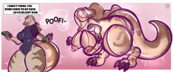 absurd_res after_transformation animate_inanimate anthro areola basic_sequence before_transformation belly big_breasts breasts busty_feral claws clothing dialogue dinosaur dorsal_ridge female feral genitals glistening glistening_body goo_transformation growth hi_res inflatable inflation latex linear_sequence living_inflatable nipples non-mammal_breasts nude pool_toy pooltoy_transformation prehistoric_species reptile saurischian scalie simple_background smile solo spinosaurid spinosaurus sralivewolfox tail teeth text theropod thick_thighs tight_clothing transformation transformation_sequence