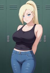 ai_generated arms_behind_back big_breasts blonde_hair blue_eyes civitai hair_over_one_eye ino_yamanaka jeans large_breasts long_hair naruto naruto_(series) naruto_shippuden ponytail tank_top tanktop