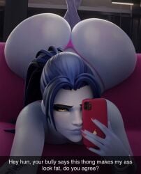 big_ass bubble_butt cheating cheating_girlfriend close-up close_up_smile fat_ass french_female girlfriend_questioning_boyfriend laying_on_stomach naked_female overwatch smug_face snapchat taking_photo thick_thighs thong thong_bikini wedgie widowmaker