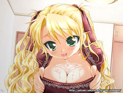 :p blonde_hair breasts cleavage cum green_eyes oshaban ribbon sasahiro tongue