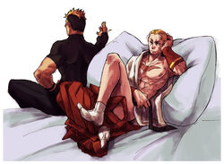 2boys bed geese_howard human itkz king_of_fighters male male_only multiple_boys multiple_males ryuji_yamazaki smoking snk yaoi