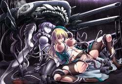 2girls abyssal_ship akatsuki_matsumoto aqua_eyes atago_(kantai_collection) big_breasts blonde_hair blue_eyes bodysuit cape erect_nipples gloves glowing glowing_eyes hat highres kantai_collection military_jacket monster multiple_girls pants pantyhose personification pussy rape sex shinkaisei-kan silver_hair teeth tentacle torn_clothes torn_pantyhose vaginal_penetration white_skin wo-class_aircraft_carrier