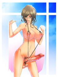 1futa breasts brown_hair censored futa_only futanari glasses green_eyes highres huge_breasts intersex miso_(pixiv885692) nipples original penis precum pubic_hair sling_bikini solo sweat swimsuit