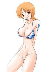 artist_request bikini breasts cameltoe cleavage clothing female female_only nami_(one_piece) nipple_slip nipples one_piece pointy_chin pre-timeskip short_hair skypiea straight_hair swimsuit tattoo