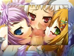 3girls blue_eyes blush breasts brown_hair censored foursome freckles gakushin_bunken game_cg glasses green_eyes group_sex hongou_kazuto koihime†_(series) koihime_musou multiple_girls nail_polish oral penis ponytail purple_eyes purple_hair riten_mansei scar silver_hair single_braid tied_hair ukin_bunsoku