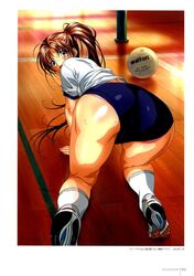 2005 all_fours blush buruma female gym_uniform kneehighs kneeling looking_back looking_behind original panties pink_panties shoes taki_minashika underwear