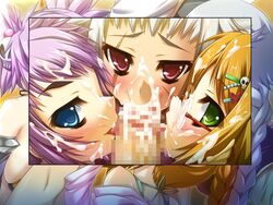 3girls blue_eyes blush breasts brown_hair censored cum cum_on_glasses facial foursome freckles gakushin_bunken game_cg glasses green_eyes group_sex hongou_kazuto koihime†_(series) koihime_musou multiple_girls nail_polish oral penis ponytail purple_eyes purple_hair riten_mansei scar silver_hair single_braid tied_hair ukin_bunsoku