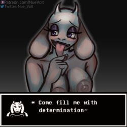 1girls anthro blue_eyes blush breast breasts female fur goat_horns licking licking_lips milf nue_volt pov purple_eyes solo solo_female text_box tongue toriel undertale