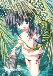 animal background beige_skin bikini bikini_malfunction blue_eyes censored color dolphin enf female female_only medium_breasts nanao_naru open_eyes open_mouth short_hair snake solo swimsuit topless