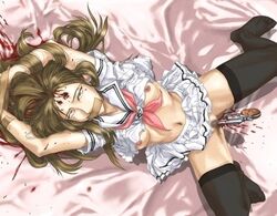 1girls blood bondage breasts brown_hair censored clothing corpse death female_death firearm firearm_insertion gore gun gunshot_wound guro handgun headset medium_breasts revolver ryona school_uniform schoolgirl skirt solo stockings tape thighhighs weapon