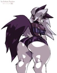 2022 anthro ass big_butt biped bottomwear canid canid_demon canine canis clothed clothing demon digital_media_(artwork) female fur hair hellhound helluva_boss loona_(helluva_boss) mammal rear_view rohan_furries simple_background solo tail thick_thighs topwear white_body white_fur wide_hips wolf