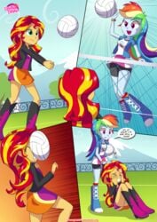 2girls boots comic comic_page english_text equestria_girls equestria_untamed humanized my_little_pony physical_education rainbow_dash_(eg) rainbow_dash_(mlp) smooth_skin speech_bubble sunset_shimmer