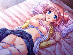 akaza bed blue_eyes brown_hair censored kouzuka_marine lying may-be_soft mono_gokoro_mono_musume on_back short_twintails tagme twintails