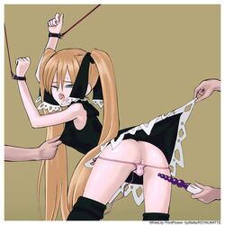 anal_beads anus ass blonde_hair blue_eyes bondage clothing dress egg_vibrator hair_ribbon marion_phauna open_mouth panties royalwatts shaman_king short_twintails stockings tied_hair twintails underwear v-string vibrator