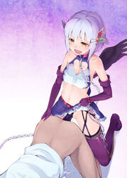 :d anal bare_shoulders blush chains cleavage_cutout collar collarbone cum cum_while_penetrated elbow_gloves female femdom gloves hair_ornament heart heart_cutout holding human idolmaster idolmaster_cinderella_girls koshimizu_sachiko lavender_hair male open_mouth pegging purple_legwear sex short_hair skirt skirt_lift smile straight strap-on strap-on_under_skirt sweat thighhighs u_(the_unko) wings yellow_eyes