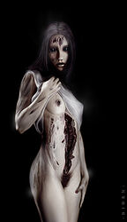 affront_to_nature beige_skin black_background black_eyes breasts clothing color creepy dark eyes female female_only gore grey_hair guro hair hirajoshiba human injury laceration long_hair open_eyes pale pubic_hair shirt_lift skin solo standing undead wound zombie zombie_girl