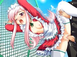 ;o against_fence apron bangs bent_over blush buttons censored choker clothed_sex clothing cloud cum cum_inside doggy_style dress dutch_angle fence flat_chest from_below gakuran hair_ornament hairclip leg_grab leg_up long_hair lucy_maria_misora maid maid_headdress mosaic mosaic_censoring nipples no_panties open_clothes open_fly open_mouth outdoors parted_bangs penis pink_hair public purple_eyes pussy pussy_juice ribbon rooftop saliva school_uniform sex sky small_breasts splush_wave stockings tears thighhighs to_heart_(series) to_heart_2 vaginal_penetration very_long_hair white_legwear wince wink