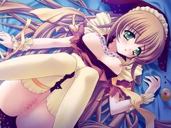 blush bra_lift breasts brown_hair censored female green_eyes lying nipples open_clothes open_shirt pussy ribbon shirt thighhighs