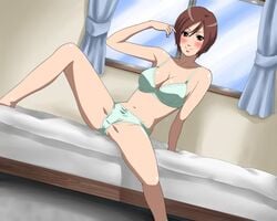 bed blush bra brown_eyes brown_hair kuzukago_(bitchmaker) lingerie panties short_hair smile underwear