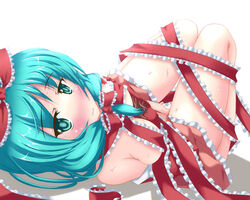 1girls aqua_eyes aqua_hair blush breasts female kagiyama_hina masturbation naked_ribbon niracha nude ribbon solo sweat touhou