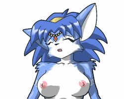 5:4 animated anthro black_nose blue_fur blue_hair bouncing_breasts breasts closed_eyes color female female_only fox front_view fur furry furry_breasts furry_ears furry_only hair jewelry krystal lowres nintendo nipples nude open_mouth pink_nipples pointy_ears solo star_fox topless white_background white_fur