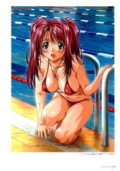 00s 2000s 2005 barefoot bikini blush braid breasts erect_nipples green_eyes kneeling nipples original pool red_hair swimming_pool swimsuit taki_minashika twin_braids wet