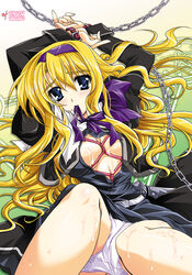 blonde_hair blue_eyes blush bondage carim_gracia chains cuffs cum hairband kanna_(plum) long_hair lyrical_nanoha mahou_shoujo_lyrical_nanoha mahou_shoujo_lyrical_nanoha_strikers mouth_hold open_clothes open_shirt panties plum_(artist) shirt underwear