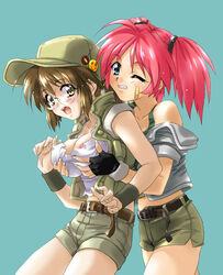 2girls bandaid blush breast_grab breasts brown_hair female fio_germi glasses large_breasts metal_slug multiple_girls nadia_cassel nipple_slip nipples open_mouth pink_hair snk yuri