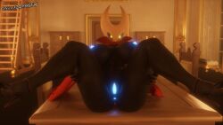 3d 3d_(artwork) anthro anus big_breasts cape eye_contact glowing_eyes glowing_genitalia hollow_knight hornet_(hollow_knight) legs_spread looking_at_viewer on_table silver2299 solo_female tagme team_cherry thick_thighs