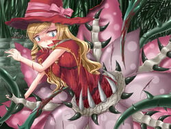 aqua_eyes blonde_hair blood clothing etrian_odyssey fangs flower forest hat imminent_death long_hair monster nature open_mouth pain plant plant_vore ribbon sekaiju_no_meikyuu shimo_(depthbomb) spiked_vines tears tentacle thorns vore wet witch witch_hat