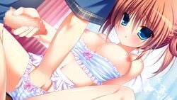 blush bra breasts brown_hair censored clothing fingering game_cg handjob hoshizuki_sora nanaca_mai nipples panties penis pure_girl skirt striped striped_panties underwear