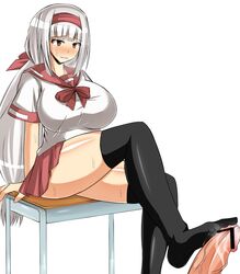 ajimu_najimi black_legwear black_thighhighs breasts brown_eyes censored desk feet female footjob footjob_with_footwear hair_ornament hairband huge_breasts huge_cock large_penis legs long_hair medaka_box miniskirt musuka_(muska) penis school_uniform short_skirt simple_background sitting skirt sweat thighhighs thighs toe_socks toes white_background white_hair