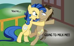 animal big_breasts big_crotchboobs black_text breasts crotchboob crotchboobs dialogue doctor_whooves equine fan_character friendship_is_magic horse lactation milky_way_(mlp) milky_way_(oc) my_little_pony nipples pony time_turner_(mlp)