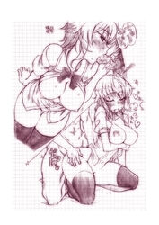 female blush breasts censored cum cum_in_mouth cumdrip facial fellatio grid kneeling kusanagi_tonbo large_breasts monochrome nipples open_clothes open_shirt oral original penis pussy sex short_hair sketch thighhighs vaginal_penetration vaginal_penetration