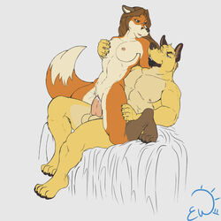 anthro balls beard biceps breasts brown_fur brown_hair canine cum erection exawolf female fox fur furry hair hug insertion male nipples orgasm pecs penetration penis piercing pussy romantic sex straight vaginal_insertion vaginal_penetration white_fur yellow_fur