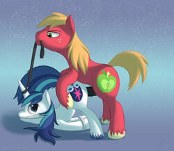 2012 big_macintosh_(mlp) blonde_hair bound cutie_mark duo equine female feral freckles friendship_is_magic gag gleaming_shield_(mlp) green_eyes hair horn horse horsecock leash looking_back male my_little_pony penetration penis pony red_fur rule_63 sex shining_armor_(mlp) skipsy straight two_tone_hair unicorn vaginal_penetration