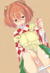 apron bell blush breath checkered checkered_shirt clothes_writing female hair_bell hair_ornament highres jingle_bell kosuzu_motoori long_sleeves looking_down masturbation off_shoulder open_mouth panties panty_pull pussy red_eyes red_hair sape_(saperon_black) short_hair sitting smile solo sweat tied_hair touhou twintails underwear vibrator wide_sleeves