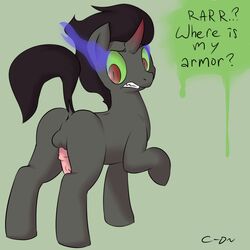 anus ass balls black_hair clopper-dude english_text equine erection eye_mist fangs friendship_is_magic green_sclera grey_fur hair horn horse horsecock king_sombra_(mlp) looking_back male male_only my_little_pony nude penis plain_background pony raised_tail red_eyes text unicorn