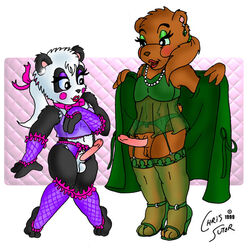 1990s 1999 20th_century 2boys animal_penis anthro artist_name balls ballsack bear black_fur body_fur brown_fur chris_sutor cobalt crossdressing erection gay girly lingerie male male_only panda penis scrotum testicles toony white_fur