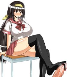 ajimu_najimi black_legwear black_thighhighs breasts brown_eyes brown_hair censored desk feet female footjob hair_ornament hairband huge_breasts huge_cock large_penis legs long_hair medaka_box miniskirt musuka_(muska) penis school_uniform short_skirt simple_background sitting skirt sweat thighhighs thighs toe_socks toes white_background