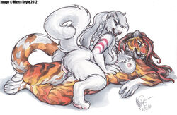 anthro blue_eyes braid breasts collar feline female fur furry futa_with_female futanari herm heterochromia huskie intersex pawpads rakshani shamara sideboob size_difference tiger vaginal_penetration white_fur