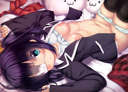 :3 :o areolae black_hair black_legwear blazer blue_eyes blush bra bra_lift breasts chuunibyou_demo_koi_ga_shitai! collarbone erect_nipples eye_patch female large_areolae looking_at_viewer lying mound_of_venus navel on_back open_clothes open_jacket open_shirt panties panty_pull pointy_chin school_uniform side_ponytail skirt skirt_removed solo takanashi_rikka thighhighs underwear wataru_(zazazazazazawa) white_panties