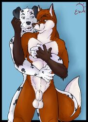 abs abstract_background anthro balls black_fur blue_background blue_eyes brown_fur brown_hair canine claws couple cute dalmatian exawolf fox fur furry furry_only gay grey_eyes hair hand_holding hug love male muscles nude open_mouth pecs plain_background romantic sheath smile teeth white_fur