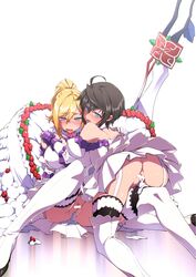 2girls ahoge ass back back_seamed_legwear black_hair blonde_hair blue_eyes blush bow cake cameltoe censor_bar censored choker cream dress fantasy_earth_zero flower food fruit garter_straps gloves hand_on_shoulder highres icing leaf long_hair looking_back multiple_girls naughty_face pussy rose ryo-ma short_hair sitting strawberry thighhighs underwear white_background white_dress white_gloves white_legwear