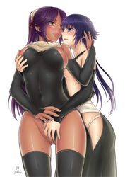 2girls black_legwear bleach blue_hair blush breast_grab breasts dark-skinned_female dark_skin detached_sleeves female female_only fingering groping interracial large_breasts leotard leotard_aside long_hair multiple_girls navel nipples ponytail purple_hair shihouin_yoruichi shizuhime side_slit skin_tight soifon standing tied_hair yellow_eyes yuri