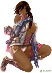 brown_hair brown_skin cleavage cute dark_skin fake_modesty